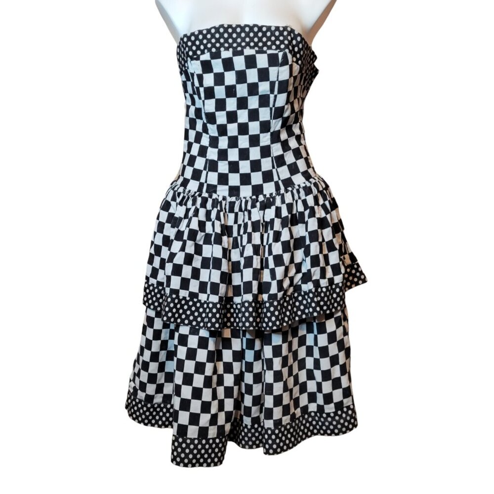 Vintage 80s Strapless Party Dress Black And White Checkered Chel'sea L'td